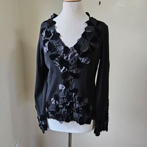 Vintage 90s Y2K Nygard Collection Black Ribbed Embellished Silk Sweater Top L